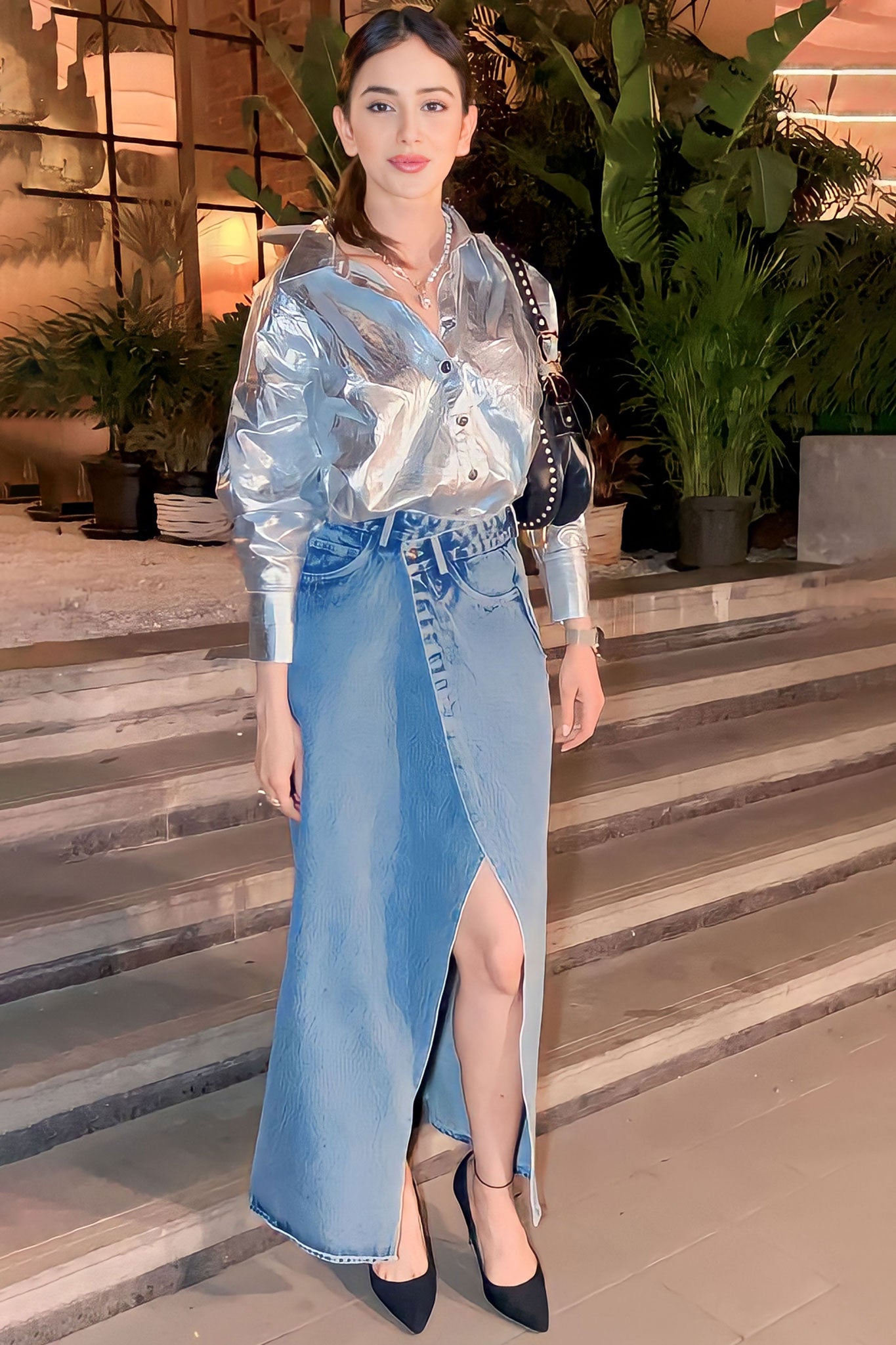 RAKUL PREET SINGH IN OUR SILVER FOIL SHIRT WASHED DENIM SKIRT