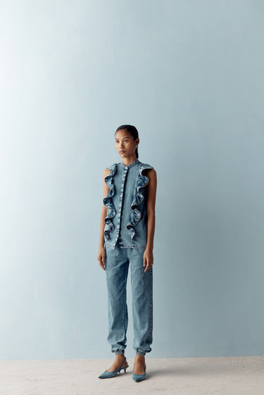 WASHED BLUE DENIM ZIPPER SHIRT