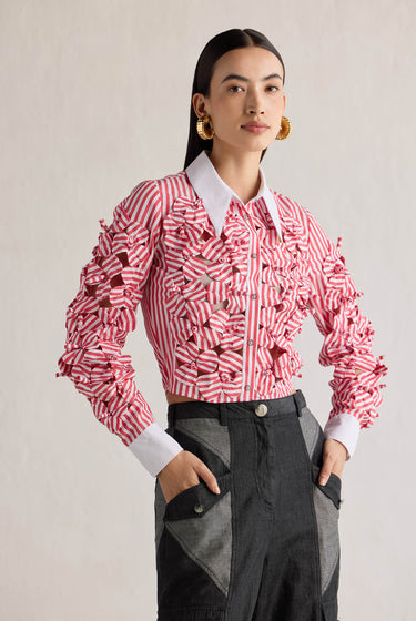 RED STRIPE 3D FLOWER SHIRT