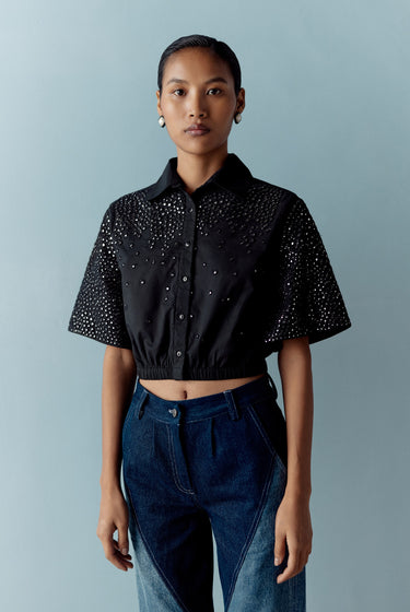 MIRROR EMBELISHED BLACK CROP SHIRT