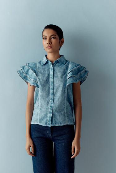 OVERDYED BLUE ZIPPER FRILL SHIRT