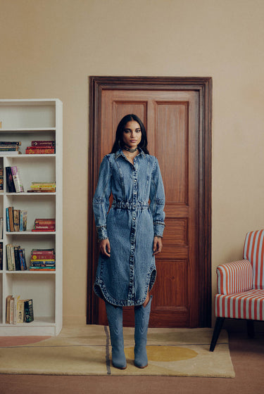 WASHED DENIM STUDDED DRESS