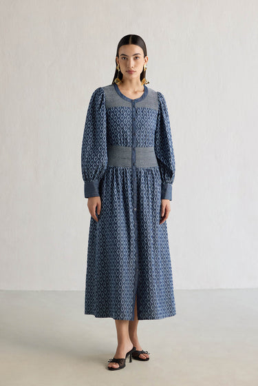 BLUE SCHIFFLI DENIM DRESS