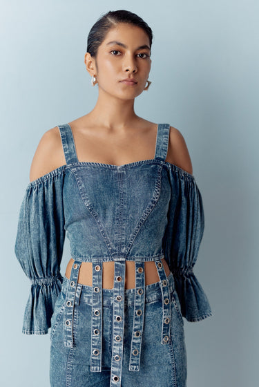 WASHED DENIM EYELET COORD SET