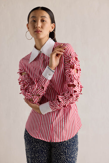 RED STRIPE 3D FLOWER SLEEVE SHIRT