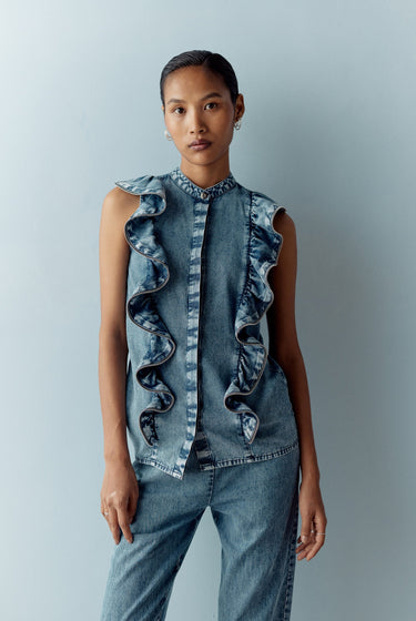 WASHED BLUE DENIM ZIPPER SHIRT