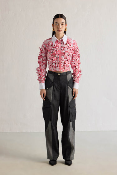 RED STRIPE 3D FLOWER SHIRT