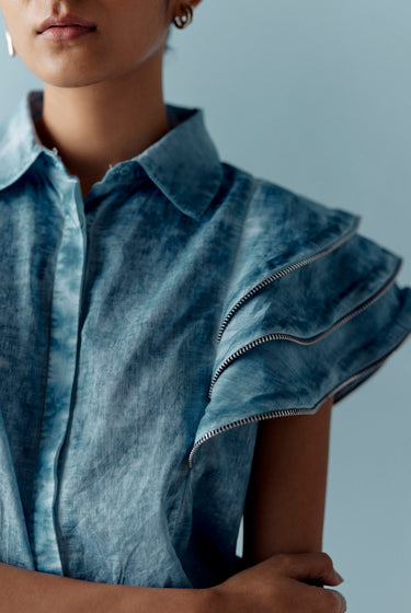 OVERDYED BLUE ZIPPER FRILL SHIRT