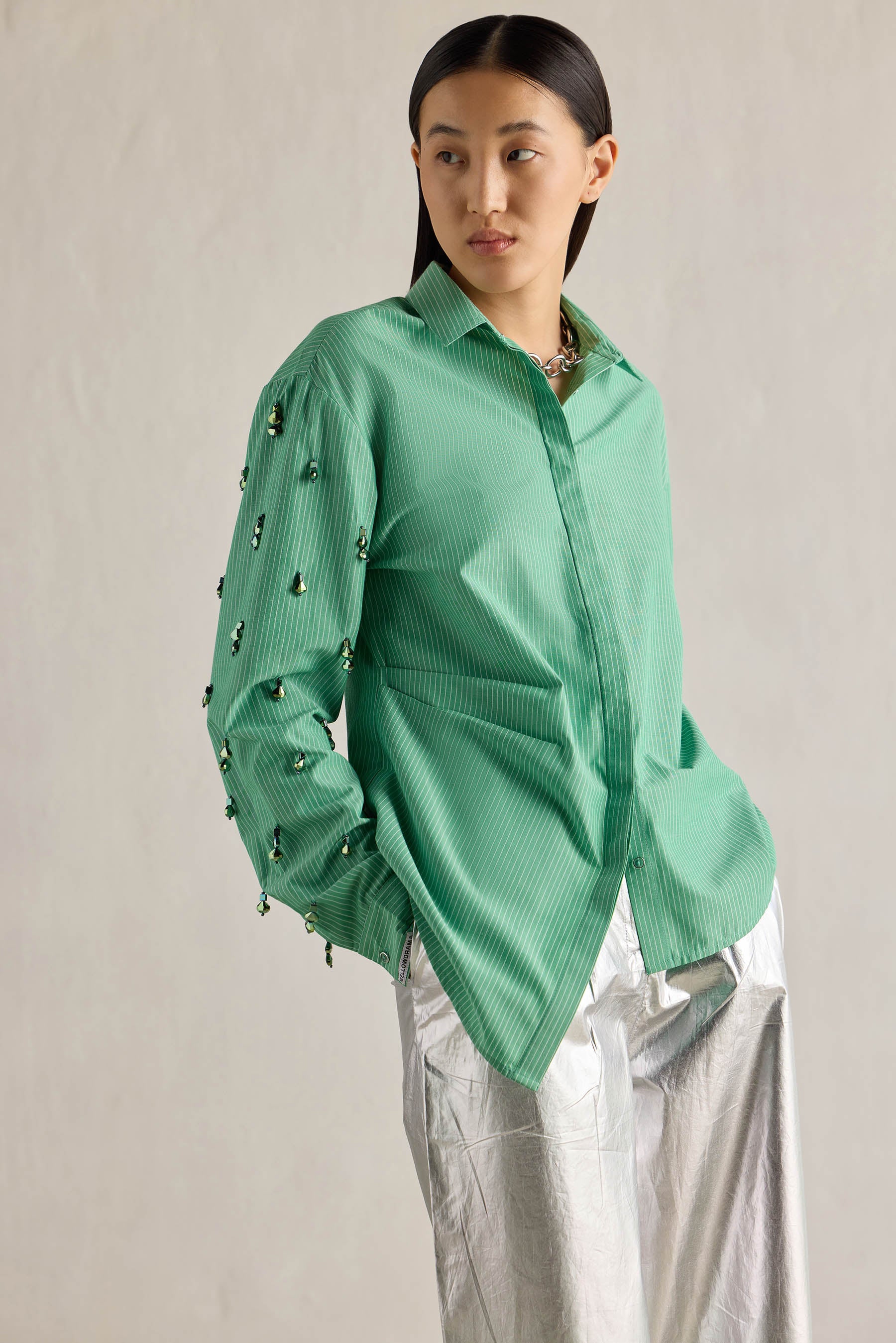 GREEN STRIPE ASSYMETRIC SHIRT