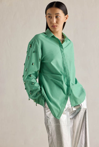 GREEN STRIPE ASSYMETRIC SHIRT