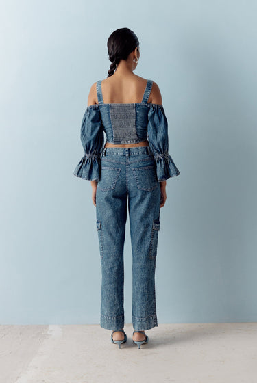 WASHED DENIM EYELET COORD SET