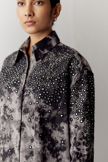 WASHED DENIM MIRROR EMBELLISHED SHIRT