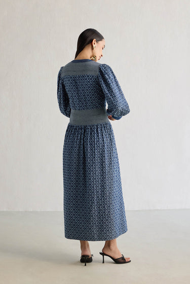 BLUE SCHIFFLI DENIM DRESS