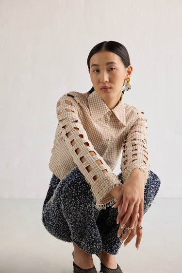 BEIGE EMBELLISHED CROP SHIRT