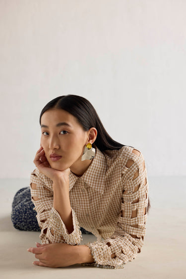 BEIGE EMBELLISHED CROP SHIRT