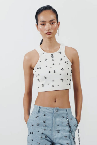 White Studded Rib Top