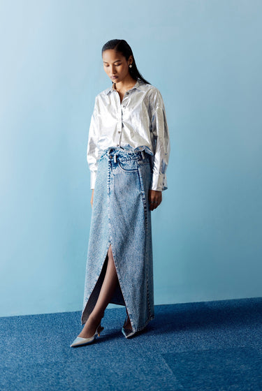 RAKUL PREET SINGH IN OUR SILVER FOIL SHIRT & WASHED DENIM SKIRT