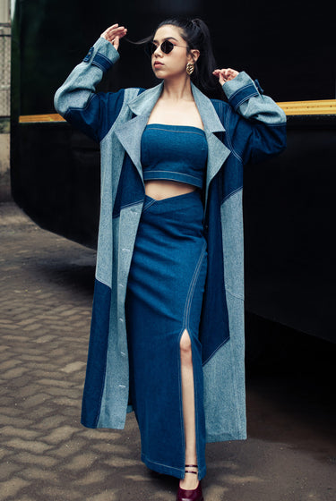 MUSKKAAN JAFERI IN OUR DENIM COLOR BLOCK TRENCH