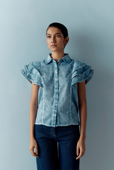 OVERDYED BLUE ZIPPER FRILL SHIRT