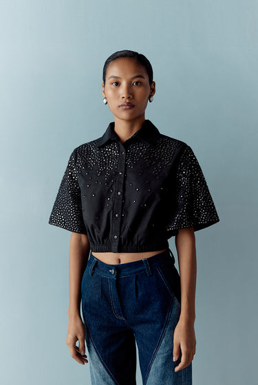 MIRROR EMBELISHED BLACK CROP SHIRT