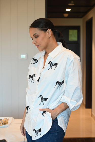 NEHA DHUPIA IN OUR WHITE ZEBRA EMBELLISHED SHIRT