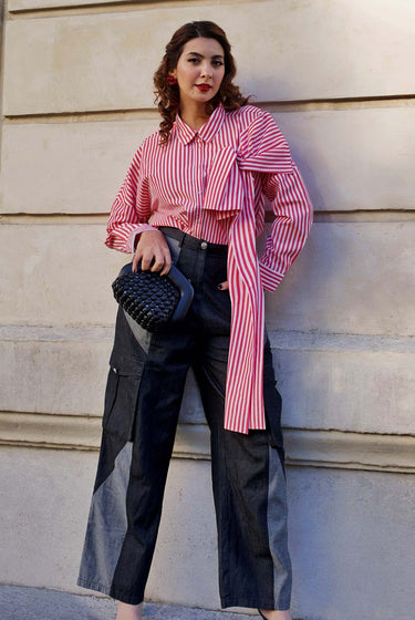 NIKI MEHRA IN OUR RED STRIPE BOW SHIRT & MIX & MATCH CARGO PANTS