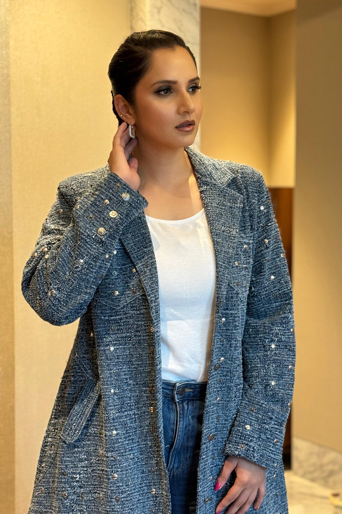 SANIA MIRZA IN OUR WASHED DENIM STUDDED TRENCH