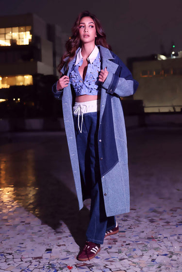 SHREYA CHAUDHARY IN OUR DENIM COLOR BLOCK TRENCH & BLUE STRIPE 3D FLOWER SHIRT & TERRY & DENIM JEANS