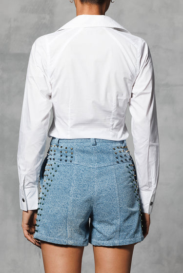 WASHED STUDDED DENIM SHORTS