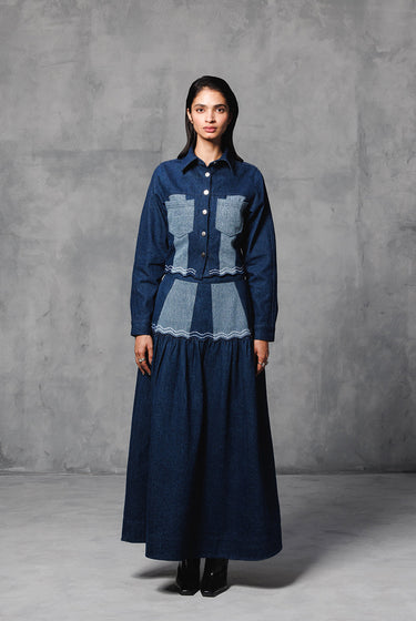 COLOR BLOCK DENIM SKIRT