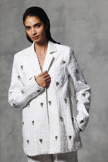 DISTRESSED TWILL EMBELLISHED BLAZER