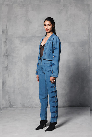 DENIM EMBELLISHED CROP JACKET