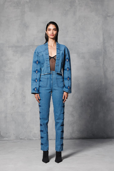 DENIM EMBELLISHED CROP JACKET
