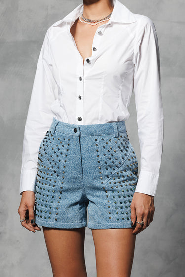 WASHED STUDDED DENIM SHORTS
