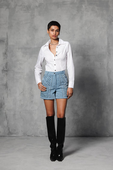 WASHED STUDDED DENIM SHORTS