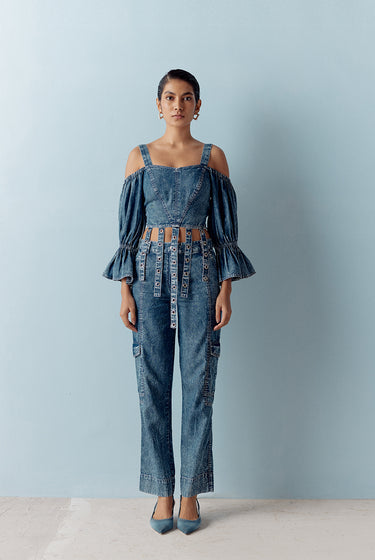 WASHED DENIM EYELET COORD SET