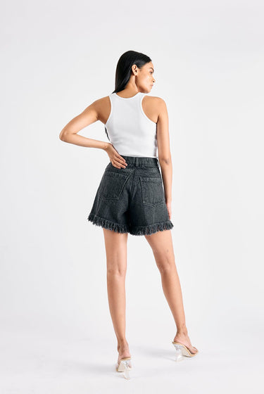 BLACK DENIM EMBELLISHED SHORTS - MellowDrama