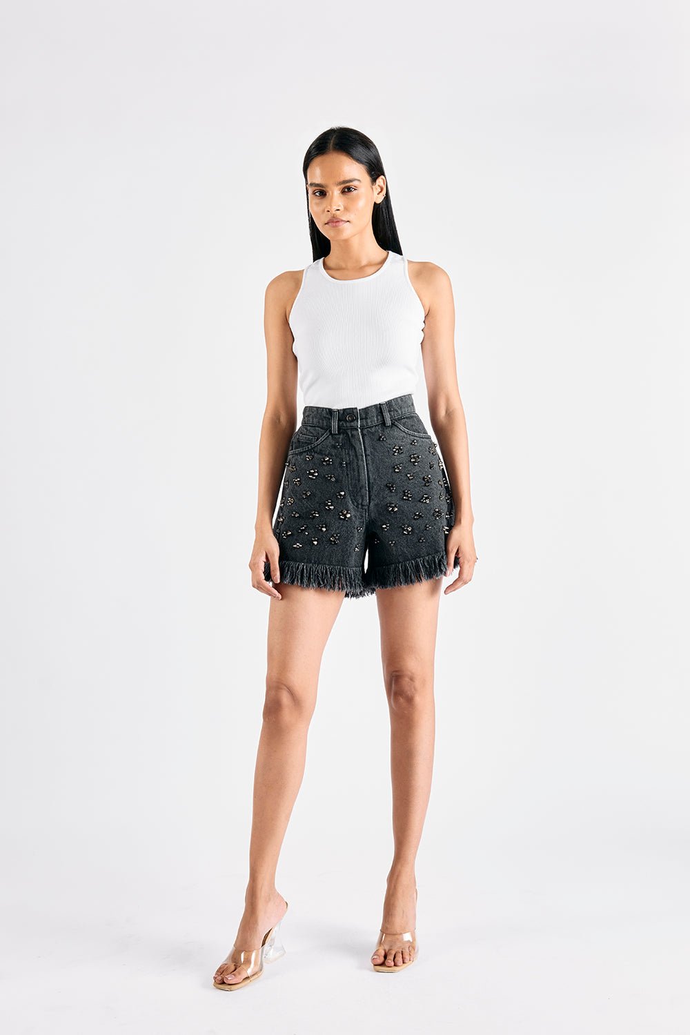 BLACK DENIM EMBELLISHED SHORTS - MellowDrama