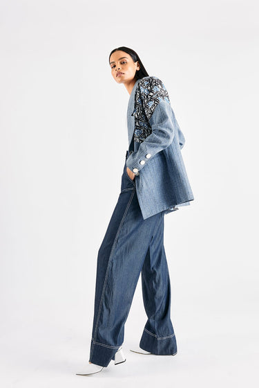 TEXTURED DENIM PRINTED BLAZER - MellowDrama