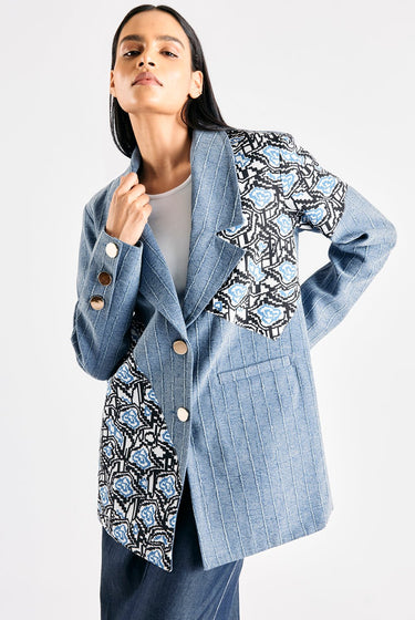 TEXTURED DENIM PRINTED BLAZER - MellowDrama