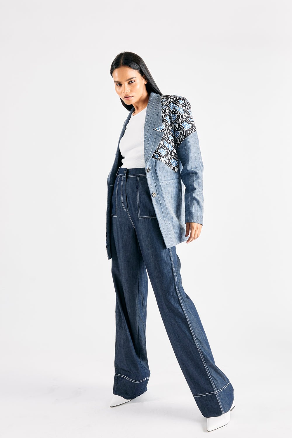 TEXTURED DENIM PRINTED BLAZER - MellowDrama