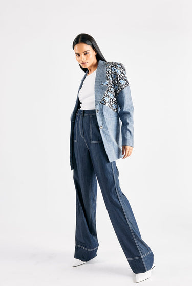 TEXTURED DENIM PRINTED BLAZER - MellowDrama