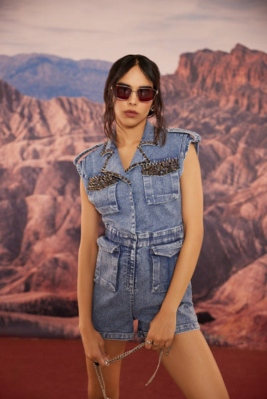 WASHED DENIM STUDDED PLAYSUIT - MellowDrama