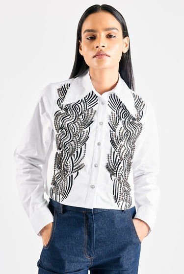 WHITE CROP SHIRT WITH EMBELLISHMENT - MellowDrama